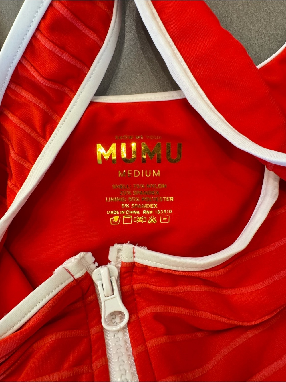 Show Me Your Mumu Red Two-Piece Bikini with White Trim and Front Zip - Picture 3 of 4